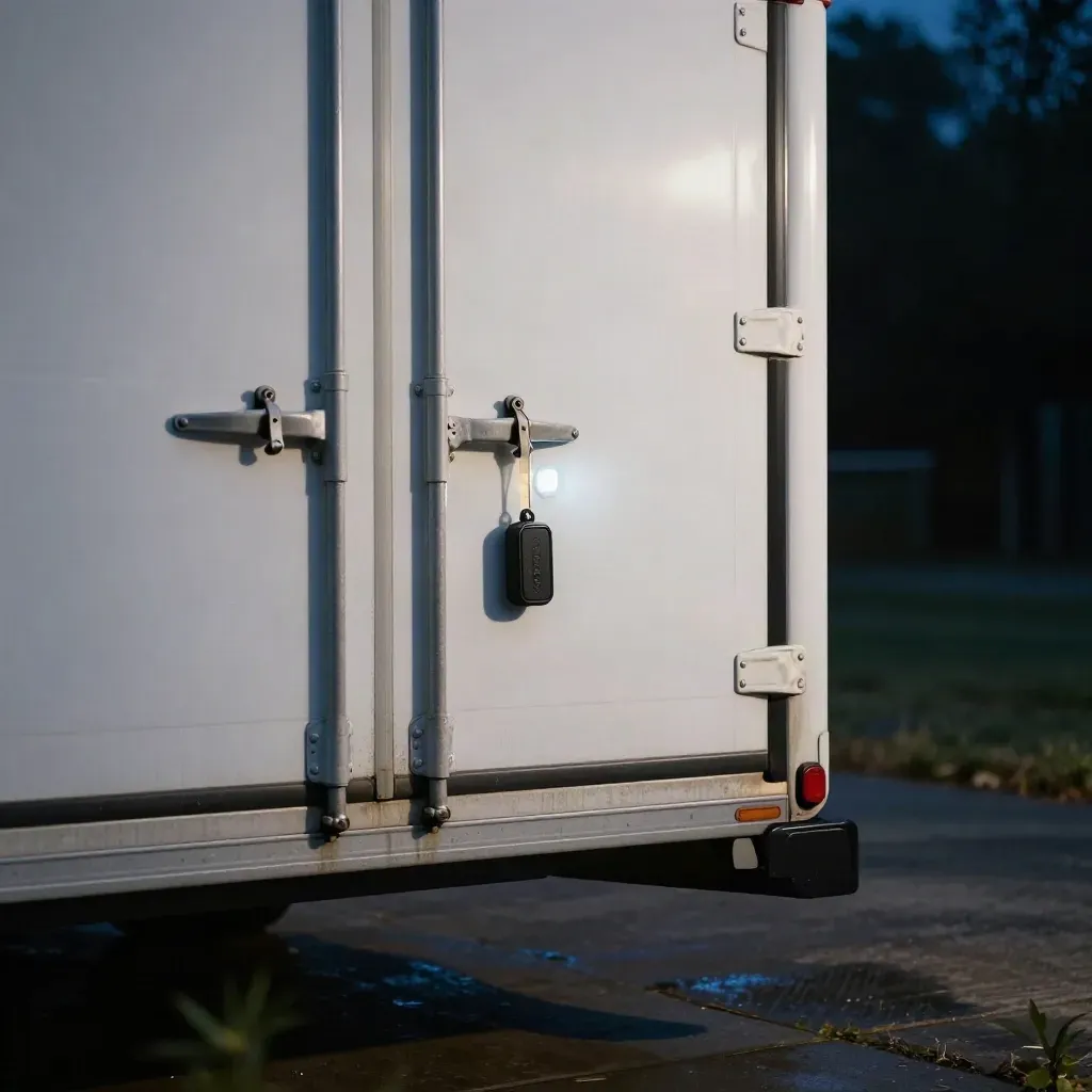 Trailer door with GPS puck, beacon light, and seal on a dock at night.