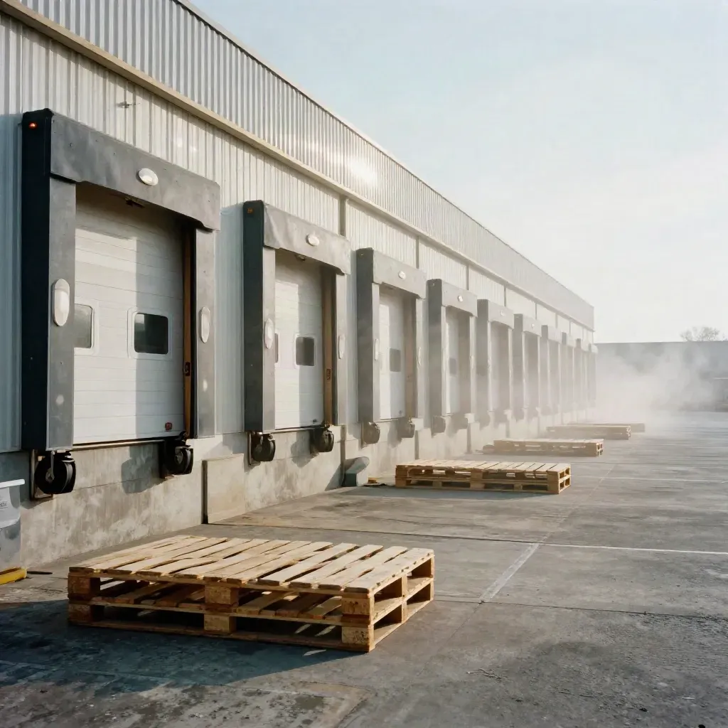 Mezzanine view of dock doors, pallets, wheel chocks, and drifting steam in a freight warehouse.