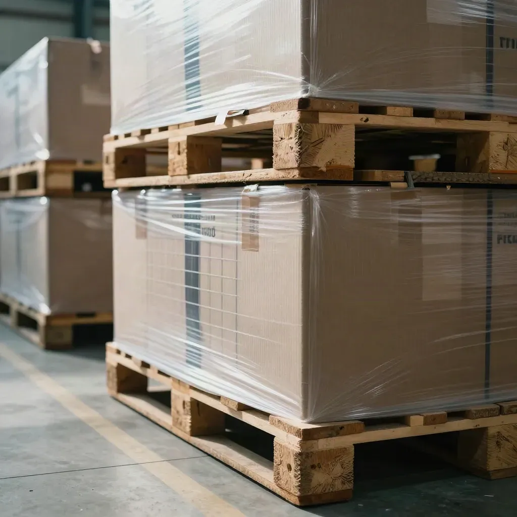 Stretch-wrapped ecommerce cartons and pallet cages filling a bright warehouse aisle