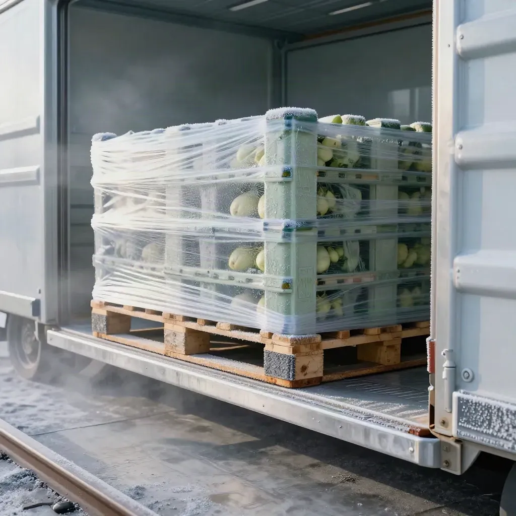 Frosted refrigerated dock with shrink-wrapped produce pallets and cold vapor
