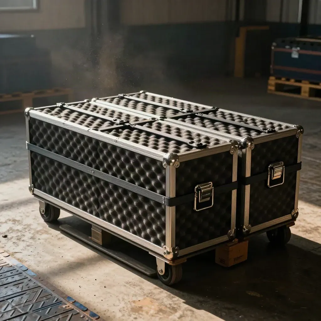 Foam-lined freight crates and pallet blocks in a dim receiving bay, lit by a raking beam.