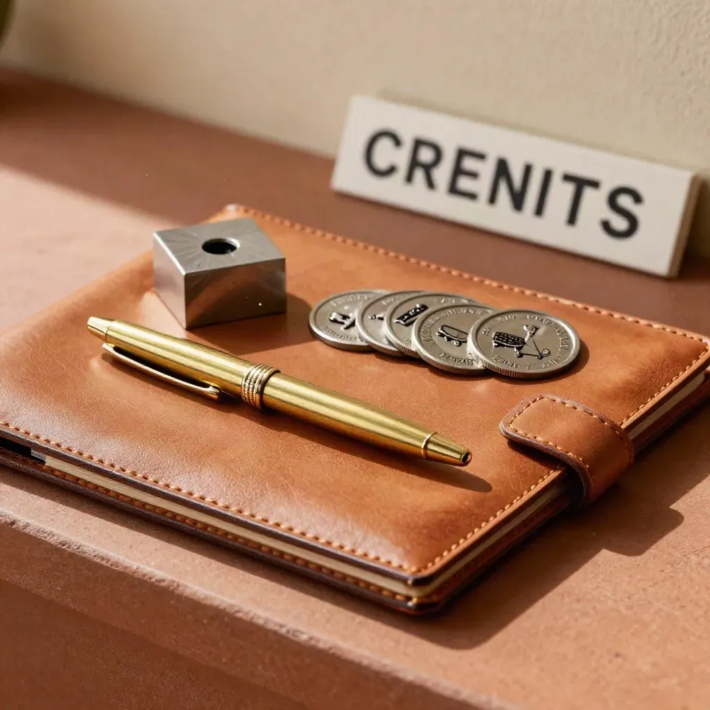 Leather folio, brass pen, paperweight and freight tokens on a terracotta counter.