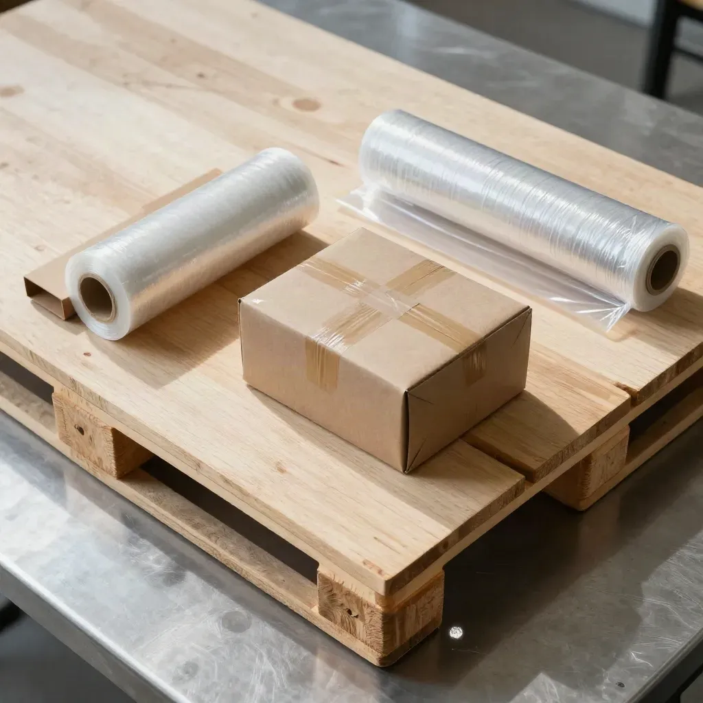 Overhead freight still life with pallet boards, corner boards, wrap roll, and sealed carton on steel.