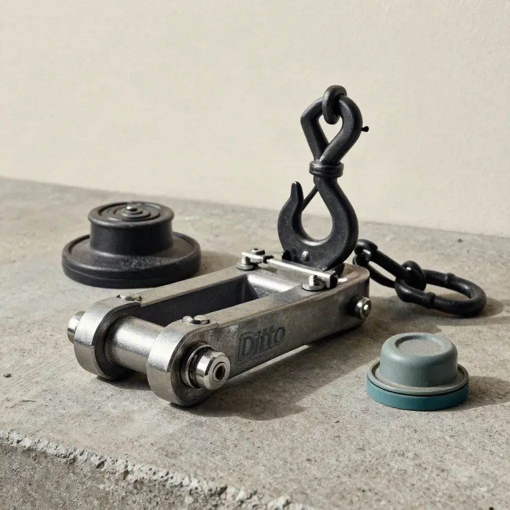 Trailer coupler, wheel chock, chain hook, and reefer plug cap on concrete in soft industrial light.