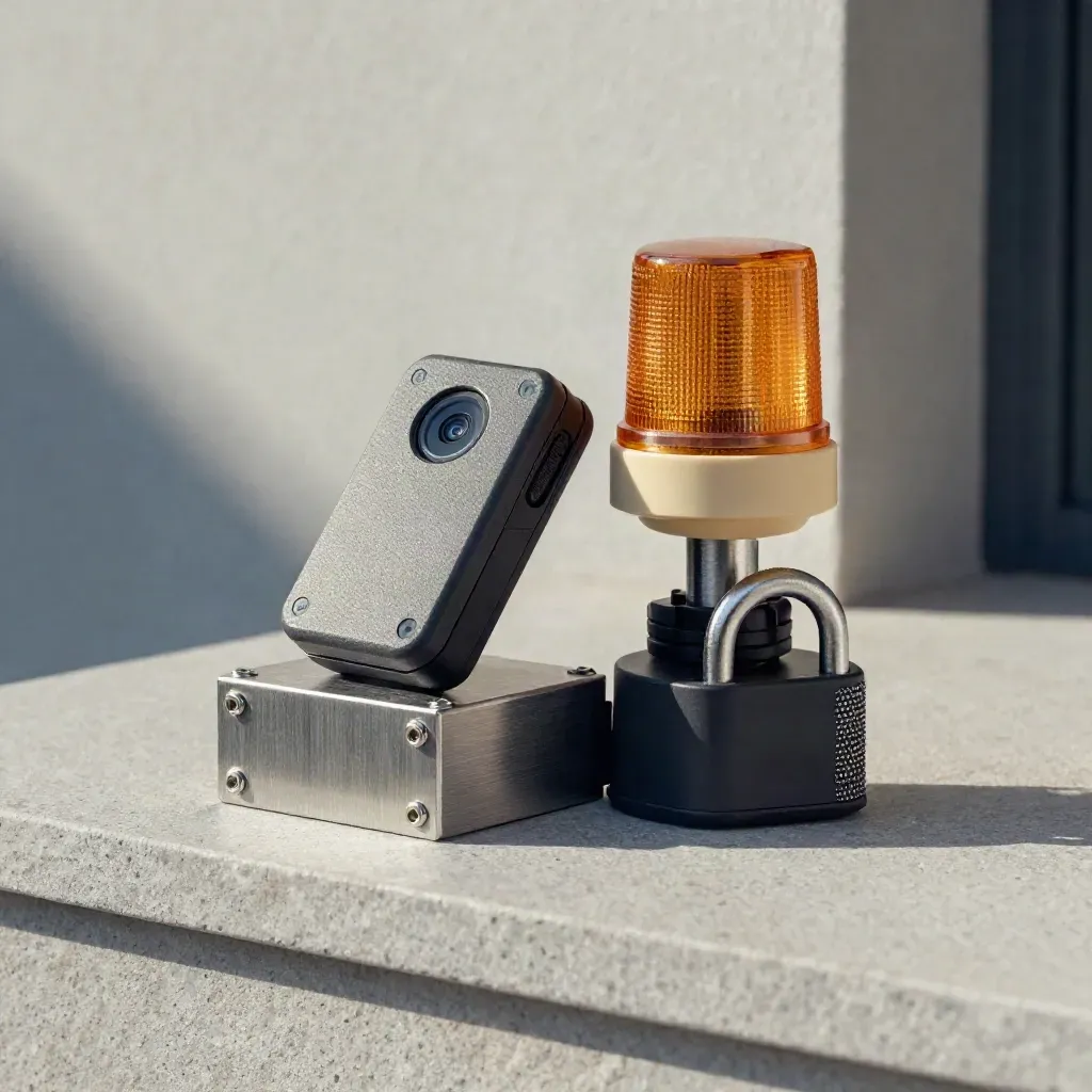 GPS tracker, yard beacon, trailer lock and relay cube stacked on stone shelf.