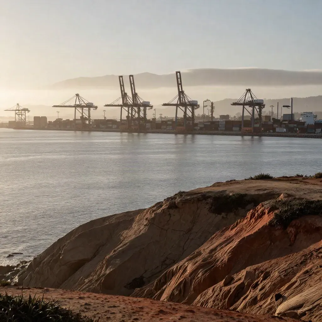 Long Beach cranes above a hazy Los Angeles basin at dusk, seen from a coastal bluff